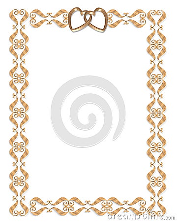 Wedding invitation border gold hearts Stock Photo