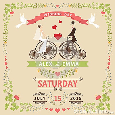 Wedding invitation with Bride,groom,retro bicycle,floral frame Vector Illustration