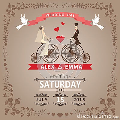 Wedding invitation with Bride, groom,retro bicycle, floral frame Vector Illustration