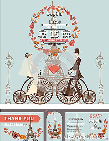 Wedding invitation.Bride,groom,retro bike.Eiffel Vector Illustration