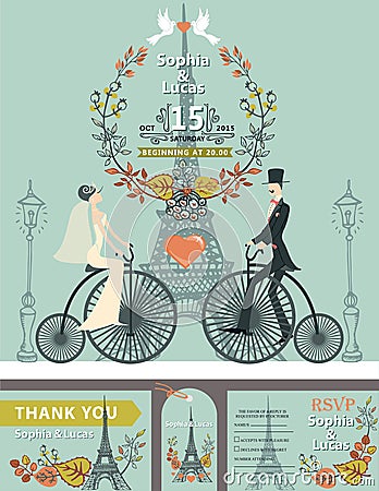 Wedding invitation. Bride, groom, retro bike. Eiffel Vector Illustration