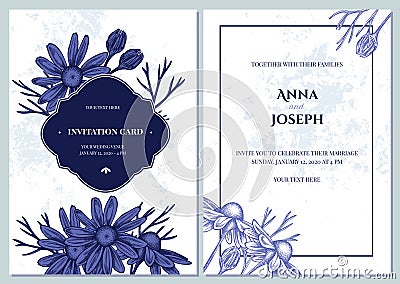 Wedding invitation card with blue and white chamomile Vector Illustration