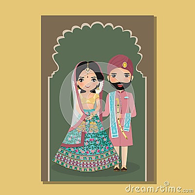 Wedding invitation card the bride and groom cute couple in traditional indian dress cartoon character. Vector illustration. Vector Illustration