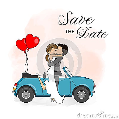 Wedding invitation card. Bride and groom embraced in front of the car Vector Illustration