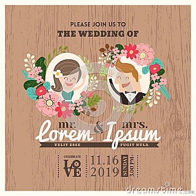 Wedding invitation card with cute groom and bride cartoon Vector Illustration