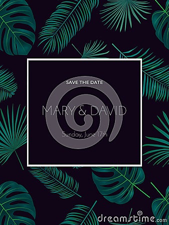 Wedding invitation or card design with exotic tropical palm leaves Vector Illustration