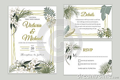 Wedding invitation card design, floral invite. Tropical jungle leaves elegant frame set , olive green plants, palm tree leaves. Vector Illustration