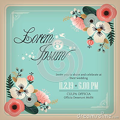 Wedding invitation card with flowers design frame Vector Illustration