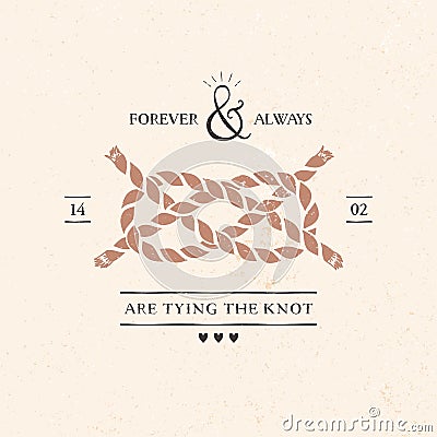 Wedding invitation card with knot, lettering Vector Illustration