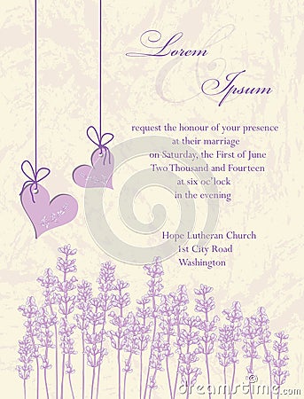 Wedding invitation card. Lavender background. Vector Illustration