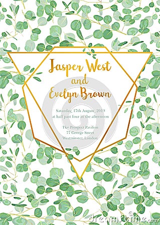 Wedding invitation card with leaves and eucalyptus branches with Vector Illustration