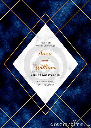 Wedding invitation card with marble frame, golden lines on the dark blue background. Magic night design template for invite, banne Stock Photo