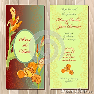 Wedding invitation card with red iris flower background. Vector illustration Vector Illustration