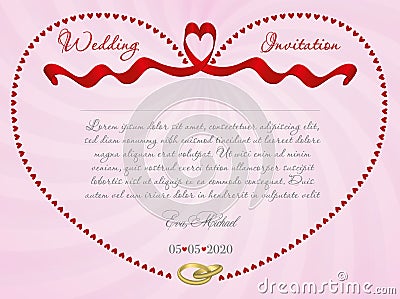 Wedding invitation or card with ribbon form of a heart and a contour of the heart. Vector Image Vector Illustration