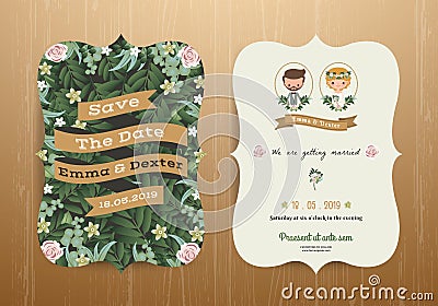 Wedding invitation card rustic cartoon bride and groom Vector Illustration