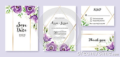 Wedding Invitation card, save the date, thank you, rsvp template. Vector. purple lisianthus flower. Watercolor style. Vector Illustration