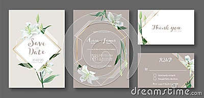 Wedding Invitation card, save the date, thank you, rsvp template. Vector. White lily flower. Vector Illustration