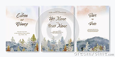 Wedding invitation card set with watercolor landscape paintings pine and mountain Cartoon Illustration