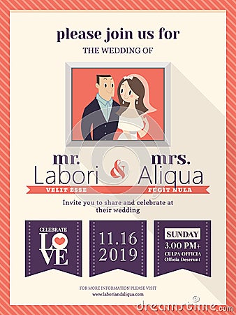 Wedding invitation card template with cute groom and bride Vector Illustration