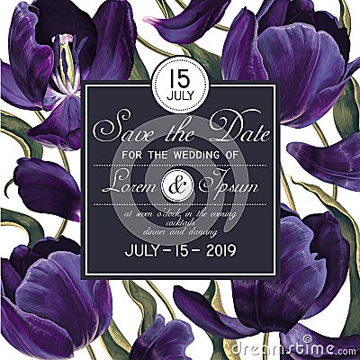 Wedding invitation card template design with dark blue tulips flowers. Vector Illustration