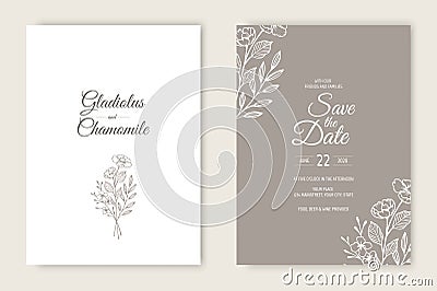 Wedding invitation card template design. Template, Frame with Flowers, Branches, Plants. Vector Illustration