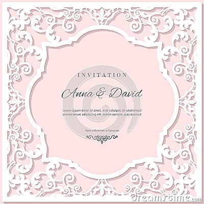 Wedding invitation card template with laser cutting frame. Pastel pink and white colors. Stock Photo