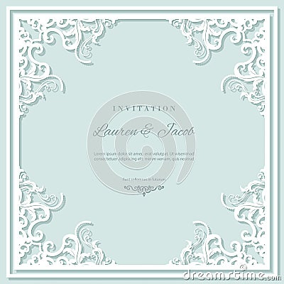 Wedding invitation card template with laser cutting frame. Square filigree cutout envelope design. Pastel blue and white Vector Illustration