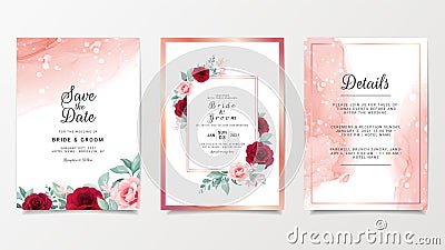 Wedding invitation card template set with flowers decoration and elegant fluid background. Burgundy and peach roses botanic Vector Illustration