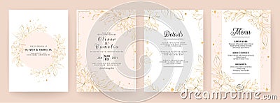 Wedding invitation card template set with line art floral decoration. Abstract background save the date, invitation, greeting card Vector Illustration