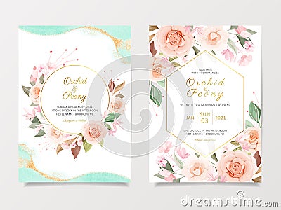 Wedding invitation card template set with peach and pink roses flowers. Cards with various floral illustration and watercolor Vector Illustration