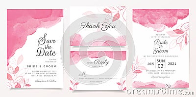 Wedding invitation card template set with watercolor and glitter floral decoration. Abstract pink background save the date, Vector Illustration