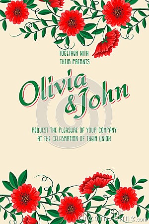Wedding invitation card. Vector invitation card with floral background and elegant frame with text. Vector Illustration