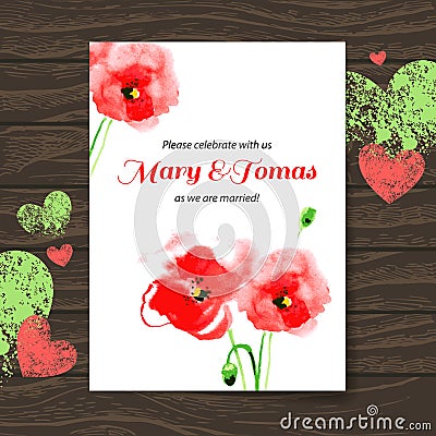 Wedding invitation card with watercolor poppy. Vector wooden background Vector Illustration