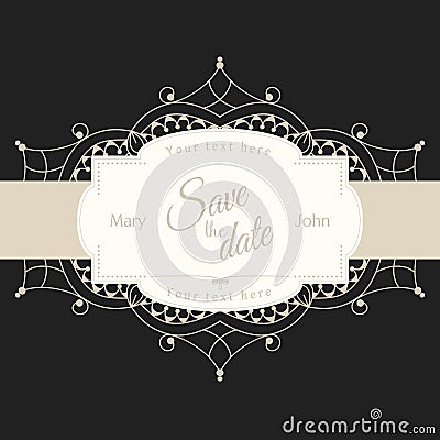 Wedding invitation card with white lace motive on black background, illustration Vector Illustration