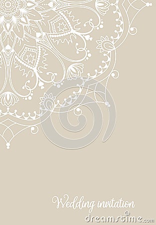 Wedding invitation card with white mandala on beige background, illustration Vector Illustration