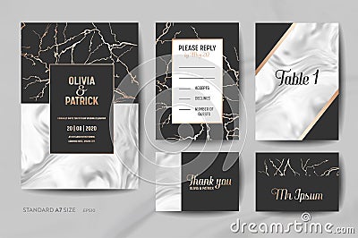 Wedding Invitation Cards Collection. Save the Date, RSVP, Signs with trendy marble texture background geometric frame Vector Illustration