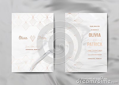 Wedding Invitation Cards Collection. Save the Date, RSVP with trendy marble texture background gold geometric art deco Vector Illustration