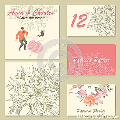 Wedding invitation cards with a floral pattern and a cute colorful illustration of a dancing couple in cartoon style. Vector Illustration