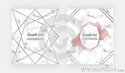 Wedding invitation cards with rose gold geometric design, polygonal lines and foil brush paint stroke on the marble texture. Backg Stock Photo