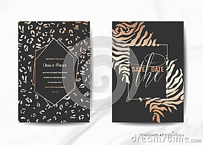 Wedding Invitation Cards, Save the Date with trendy Animal Skin golden texture background illustration Vector Illustration