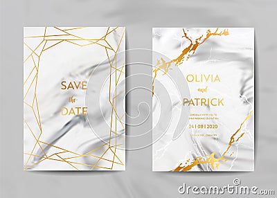 Wedding Invitation Cards, Save the Date with trendy marble texture background and gold geometric frame design Vector Illustration