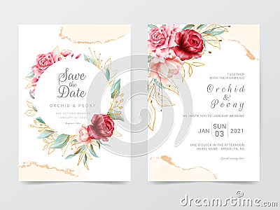 Wedding invitation cards template with flowers frame and watercolor background. Textured golden glitter decoration Vector Illustration