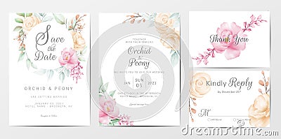 Wedding invitation cards template set of elegant watercolor flowers Vector Illustration