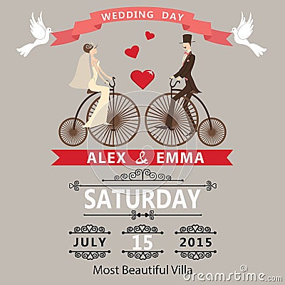 Wedding invitation.Cartoon bride groom on retro bike Vector Illustration