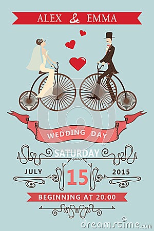 Wedding invitation.Cartoon bride, groom,retro bike Vector Illustration