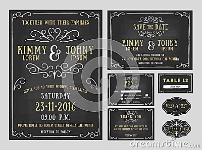 Wedding invitation chalkboard design with flourishes line. Vector Illustration