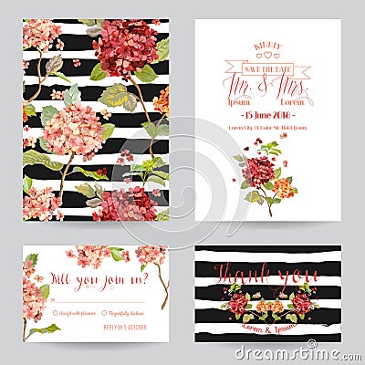 Wedding Invitation or Congratulation Card Set - Flower Pansy Vector Illustration