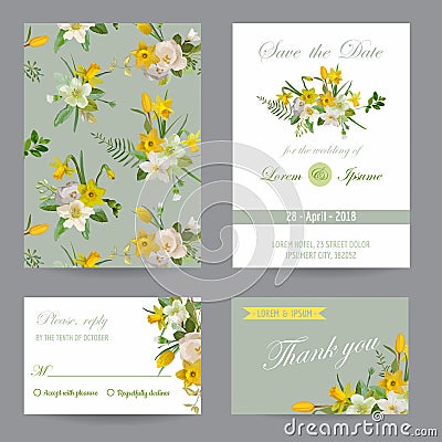 Wedding Invitation Congratulation Card Set. Save the Date Vector Illustration