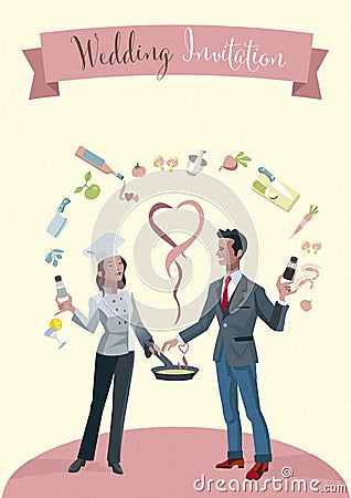 Wedding Invitation Couple as chefs Vector Illustration