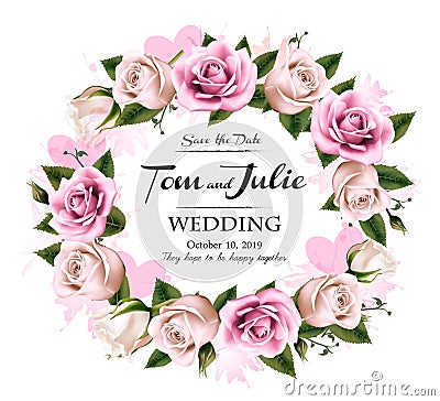 Wedding invitation desing with coloful roses and hearts Vector Illustration